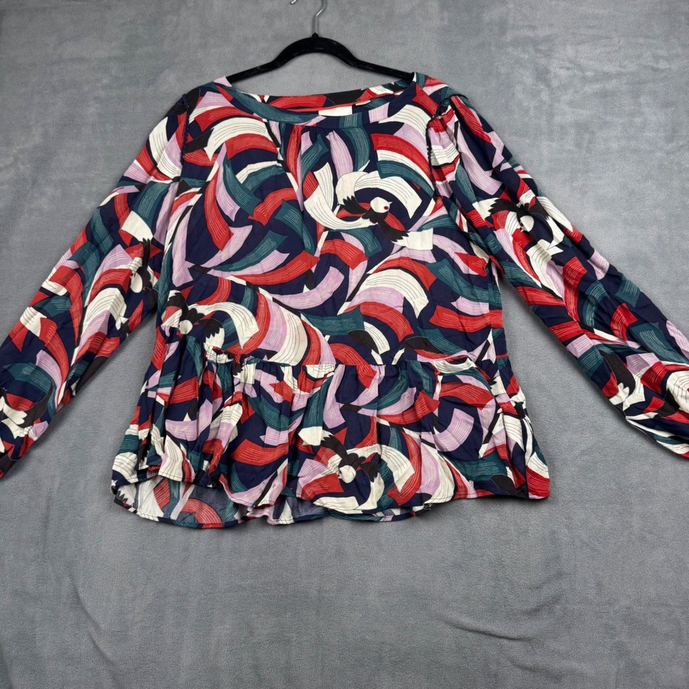 Maeve Anthropologie Abstract Bird Print Peplum Blouse Multicolor Long Sleeve L